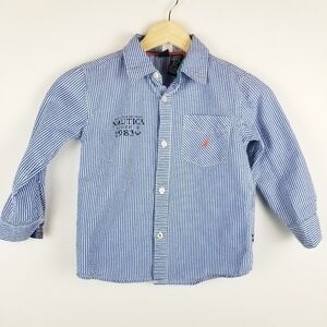 NAUTICA Boy's 5-6 Button Front Shirt Seersucker Blue White Stripes Nautical